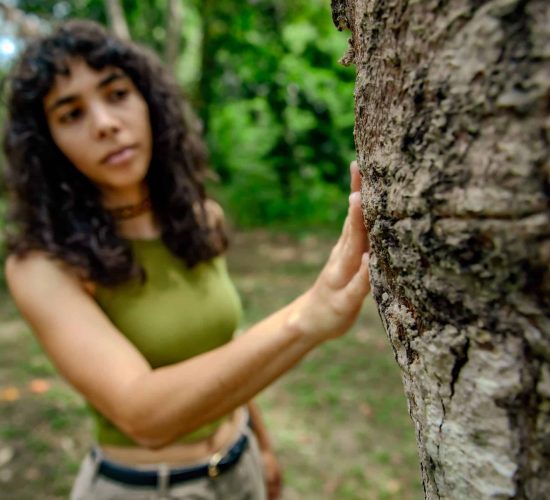 Guest touching native tree bark
